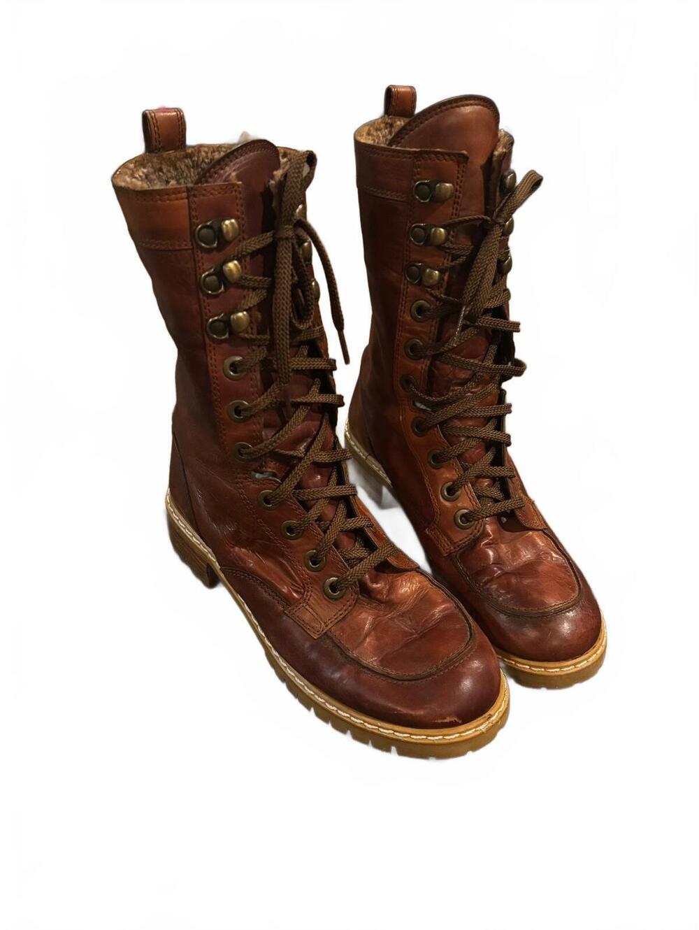 Stuart Brown Leather Lace-Up Combat Boots with Shearling Lining